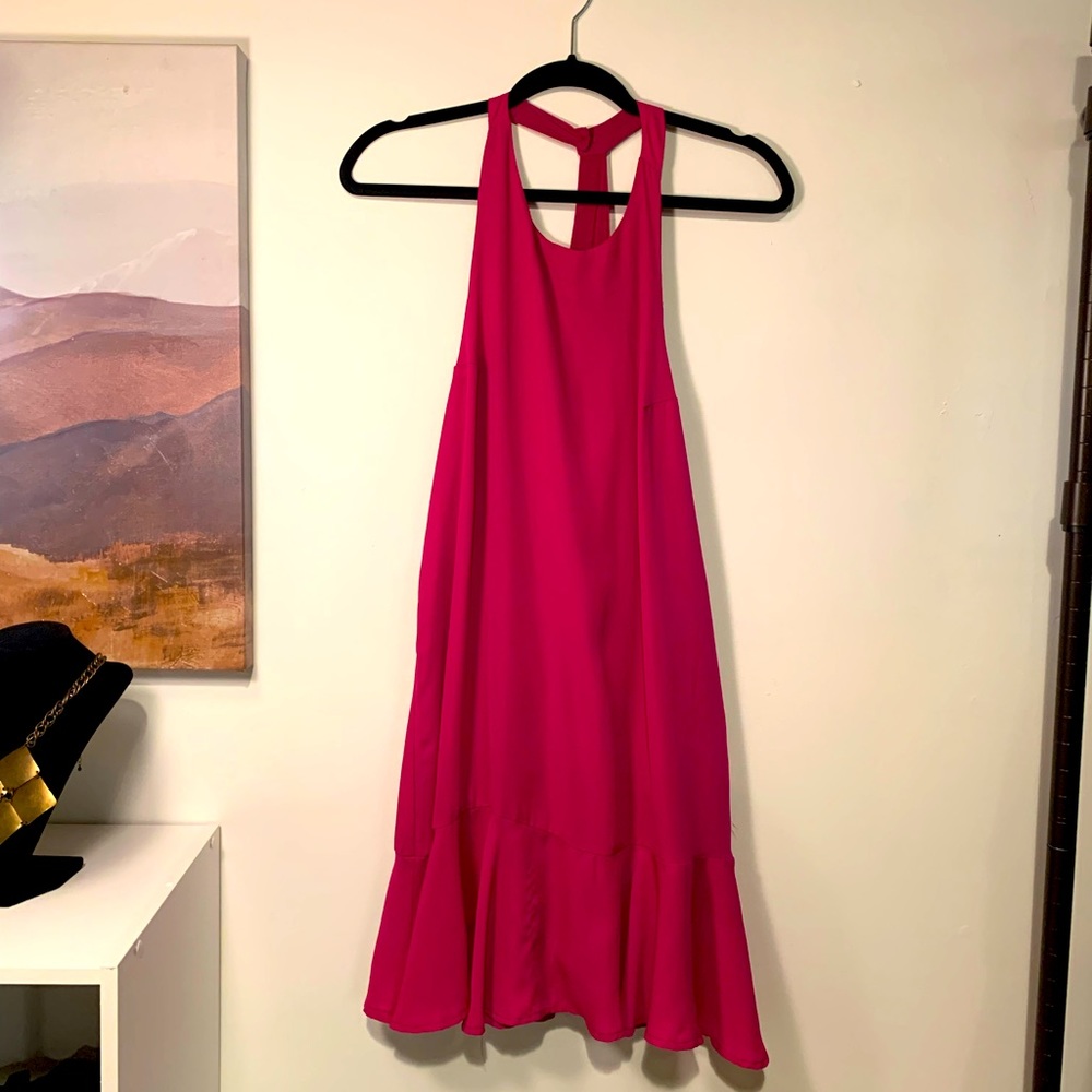 Magenta dress with racer back detail.